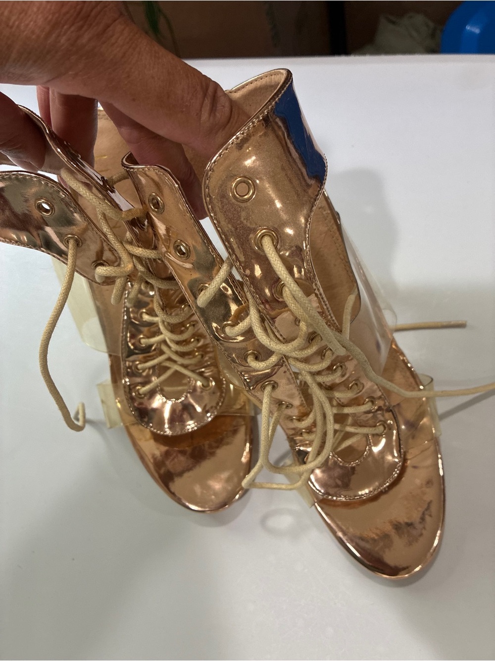 Lace-Up Metallic Rose Gold Heeled Sandals